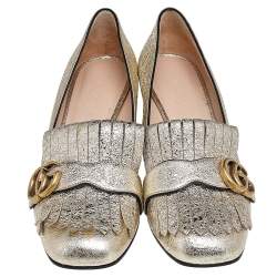 مملوكة مسبقًا Gucci Metallic Gold Textured Leather GG Marmont Fringe Detail Block Heel Pumps Size 37.5