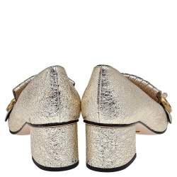 مملوكة مسبقًا Gucci Metallic Gold Textured Leather GG Marmont Fringe Detail Block Heel Pumps Size 37.5