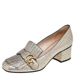 مملوكة مسبقًا Gucci Metallic Gold Textured Leather GG Marmont Fringe Detail Block Heel Pumps Size 37.5