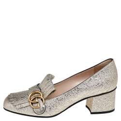 مملوكة مسبقًا Gucci Metallic Gold Textured Leather GG Marmont Fringe Detail Block Heel Pumps Size 37.5