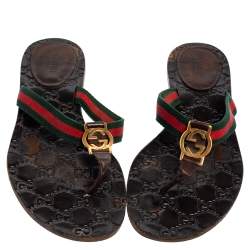 مملوكة مسبقًا Gucci Black Leather And Web Strap Interlocking "GG" Thong Sandals Size 39
