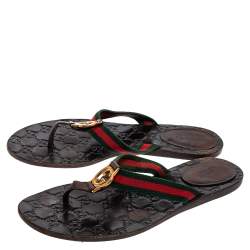 مملوكة مسبقًا Gucci Black Leather And Web Strap Interlocking "GG" Thong Sandals Size 39