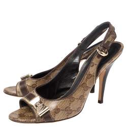 مملوكة مسبقًا Gucci Beige/Brown GG Crystal Canvas And Leather Bow Peep Toe Slingback Sandals Size 39