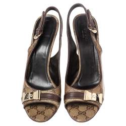 مملوكة مسبقًا Gucci Beige/Brown GG Crystal Canvas And Leather Bow Peep Toe Slingback Sandals Size 39