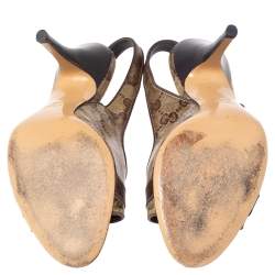 مملوكة مسبقًا Gucci Beige/Brown GG Crystal Canvas And Leather Bow Peep Toe Slingback Sandals Size 39