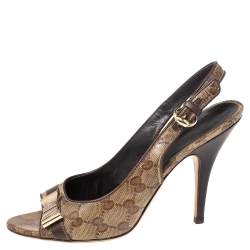 مملوكة مسبقًا Gucci Beige/Brown GG Crystal Canvas And Leather Bow Peep Toe Slingback Sandals Size 39