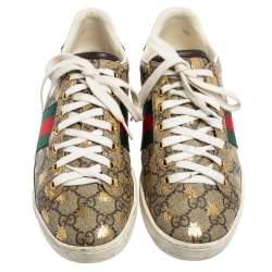 مملوكة مسبقًا Gucci Brown/Beige GG Supreme Canvas Ace Bee Lace Up Sneakers Size 36.5