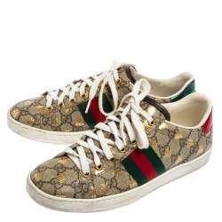 مملوكة مسبقًا Gucci Brown/Beige GG Supreme Canvas Ace Bee Lace Up Sneakers Size 36.5