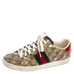 مملوكة مسبقًا Gucci Brown/Beige GG Supreme Canvas Ace Bee Lace Up Sneakers Size 36.5