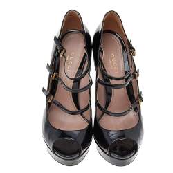 Gucci Black Patent Leather Multi Strap Lisbeth Platform Pumps Size 35.5