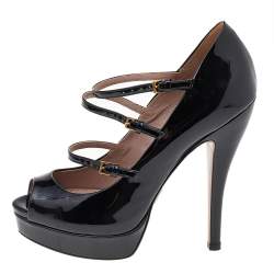 Gucci Black Patent Leather Multi Strap Lisbeth Platform Pumps Size 35.5