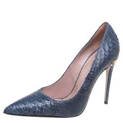 Pre Owned حذاء كعب عالي غوتشي جلد ثعبان أزرق/أسود مقدمة مدببة مقاس 36.5