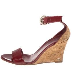 Pre Owned Gucci Red Patent Leather Cork Wedge Ankle Strap Sandals Size 39.5