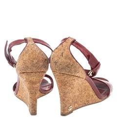 Pre Owned Gucci Red Patent Leather Cork Wedge Ankle Strap Sandals Size 39.5