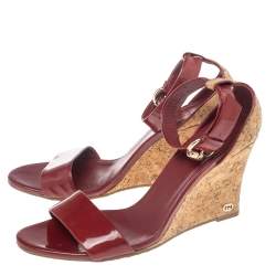 Pre Owned Gucci Red Patent Leather Cork Wedge Ankle Strap Sandals Size 39.5