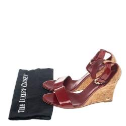 Pre Owned Gucci Red Patent Leather Cork Wedge Ankle Strap Sandals Size 39.5