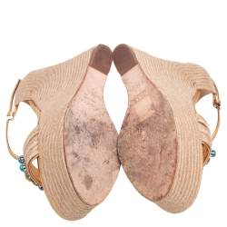 مملوكة مسبقًا Gucci Gold/Beige Jute and Leather Carolina Wedge Sandals Size 36.5