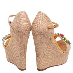 مملوكة مسبقًا Gucci Gold/Beige Jute and Leather Carolina Wedge Sandals Size 36.5