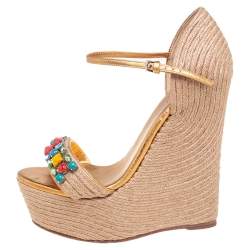 مملوكة مسبقًا Gucci Gold/Beige Jute and Leather Carolina Wedge Sandals Size 36.5