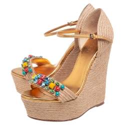 مملوكة مسبقًا Gucci Gold/Beige Jute and Leather Carolina Wedge Sandals Size 36.5
