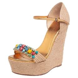 مملوكة مسبقًا Gucci Gold/Beige Jute and Leather Carolina Wedge Sandals Size 36.5