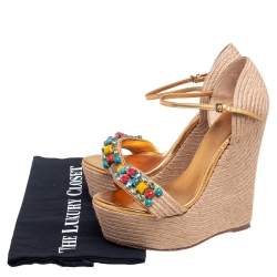 مملوكة مسبقًا Gucci Gold/Beige Jute and Leather Carolina Wedge Sandals Size 36.5