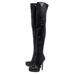 Pre Owned Gucci Black Leather Platform Over The Knee Boots Size 36