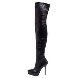 Pre Owned Gucci Black Leather Platform Over The Knee Boots Size 36