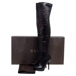 Pre Owned Gucci Black Leather Platform Over The Knee Boots Size 36
