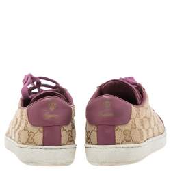 Pre Owned Gucci Purple/Beige Leather And Guccissima Canvas Low Top Sneakers Size 39
