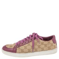 Pre Owned Gucci Purple/Beige Leather And Guccissima Canvas Low Top Sneakers Size 39