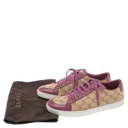 Pre Owned Gucci Purple/Beige Leather And Guccissima Canvas Low Top Sneakers Size 39