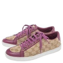 Pre Owned Gucci Purple/Beige Leather And Guccissima Canvas Low Top Sneakers Size 39