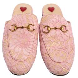 Pre Owned حذاء سلايد غوتشي برينس تاون جلد ودانتيل وردي مقاس 36