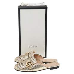 Pre Owned Gucci Metallic Gold Leather GG Marmont Fringe Mule Sandals Size 37.5