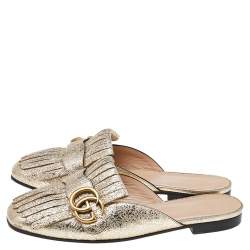 Pre Owned Gucci Metallic Gold Leather GG Marmont Fringe Mule Sandals Size 37.5