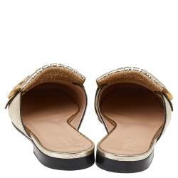 Pre Owned Gucci Metallic Gold Leather GG Marmont Fringe Mule Sandals Size 37.5