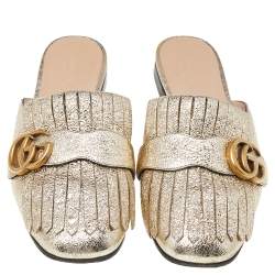 Pre Owned Gucci Metallic Gold Leather GG Marmont Fringe Mule Sandals Size 37.5