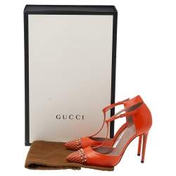 Pre Owned Gucci Orange Leather Studded Coline T-Strap Pumps Size 38