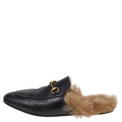 Pre Owned صندل غوتشي برينستون فرو وجلد أسود مقاس 39