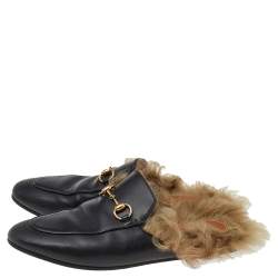 مملوكة مسبقًا Gucci Black Leather And Fur Princetown Mules Size 37.5