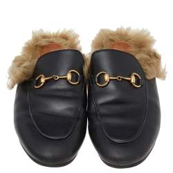 مملوكة مسبقًا Gucci Black Leather And Fur Princetown Mules Size 37.5