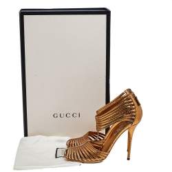 Gucci Metallic Gold Python Leather T-Strap Sandals Size 38