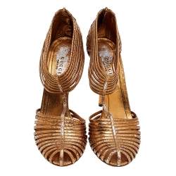 Gucci Metallic Gold Python Leather T-Strap Sandals Size 38