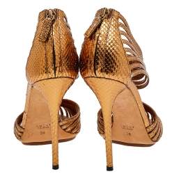 Gucci Metallic Gold Python Leather T-Strap Sandals Size 38
