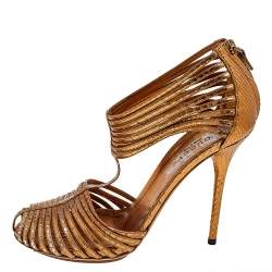 Gucci Metallic Gold Python Leather T-Strap Sandals Size 38