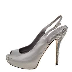 Gucci Grey Satin Peep Toe Platform Crystal Embellished Slingback Sandals Size 39