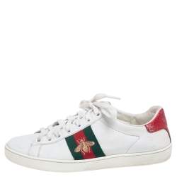 Pre Owned حذاء رياضي غوتشي ايس جلد أبيض مطرز نحلة منخفض من أعلى مقاس 35