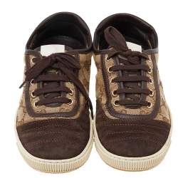 Gucci Brown/Beige GG Canvas And Suede Low Top Sneakers Size 38.5