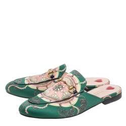 مملوكة مسبقًا صندل سلايد غوتشي برينستاون هورسبيت ساتان أخضر مطبوع مقاس 40